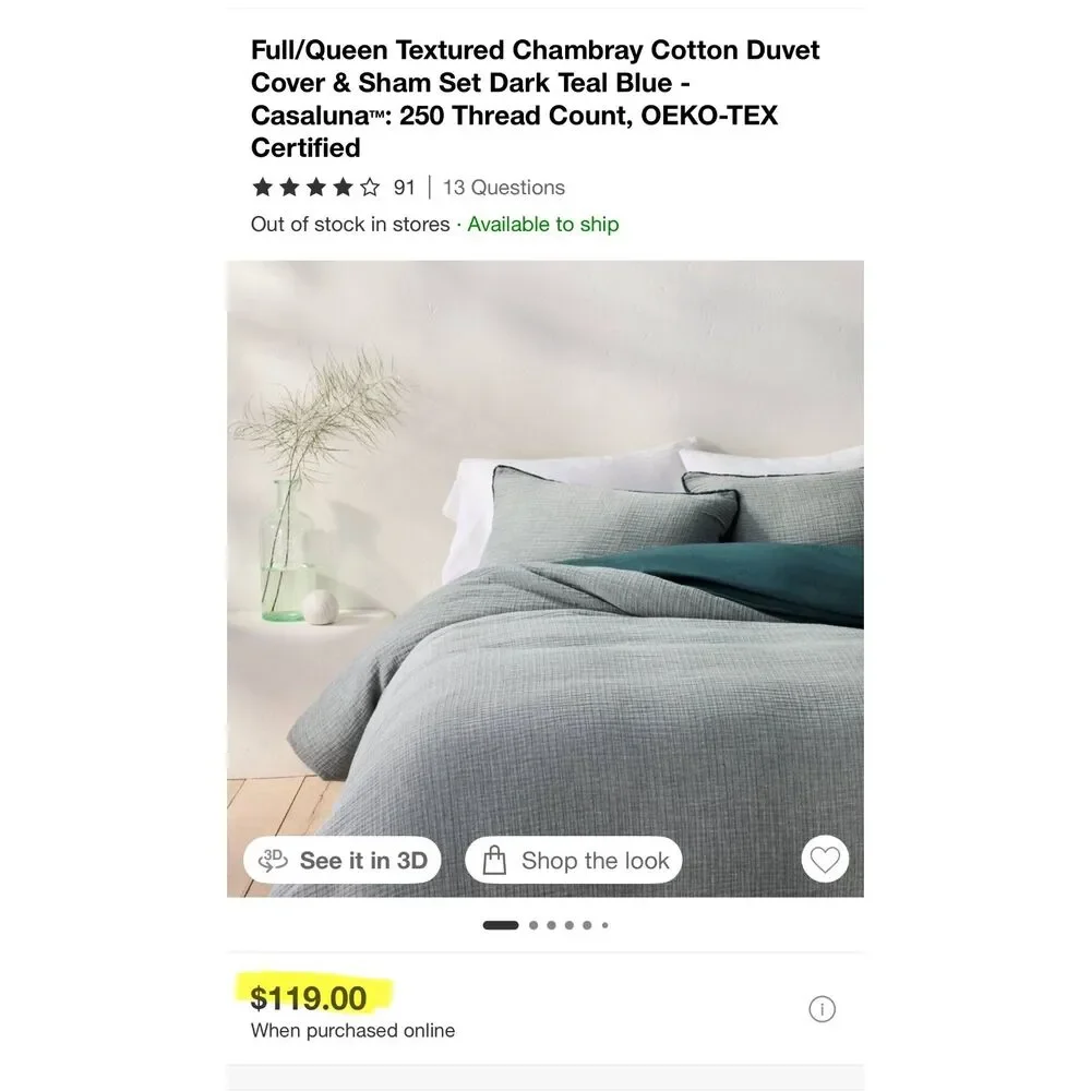 Casaluna Full Queen Chambray Cotton Duvet Cover Set Dark Teal Blue NEW